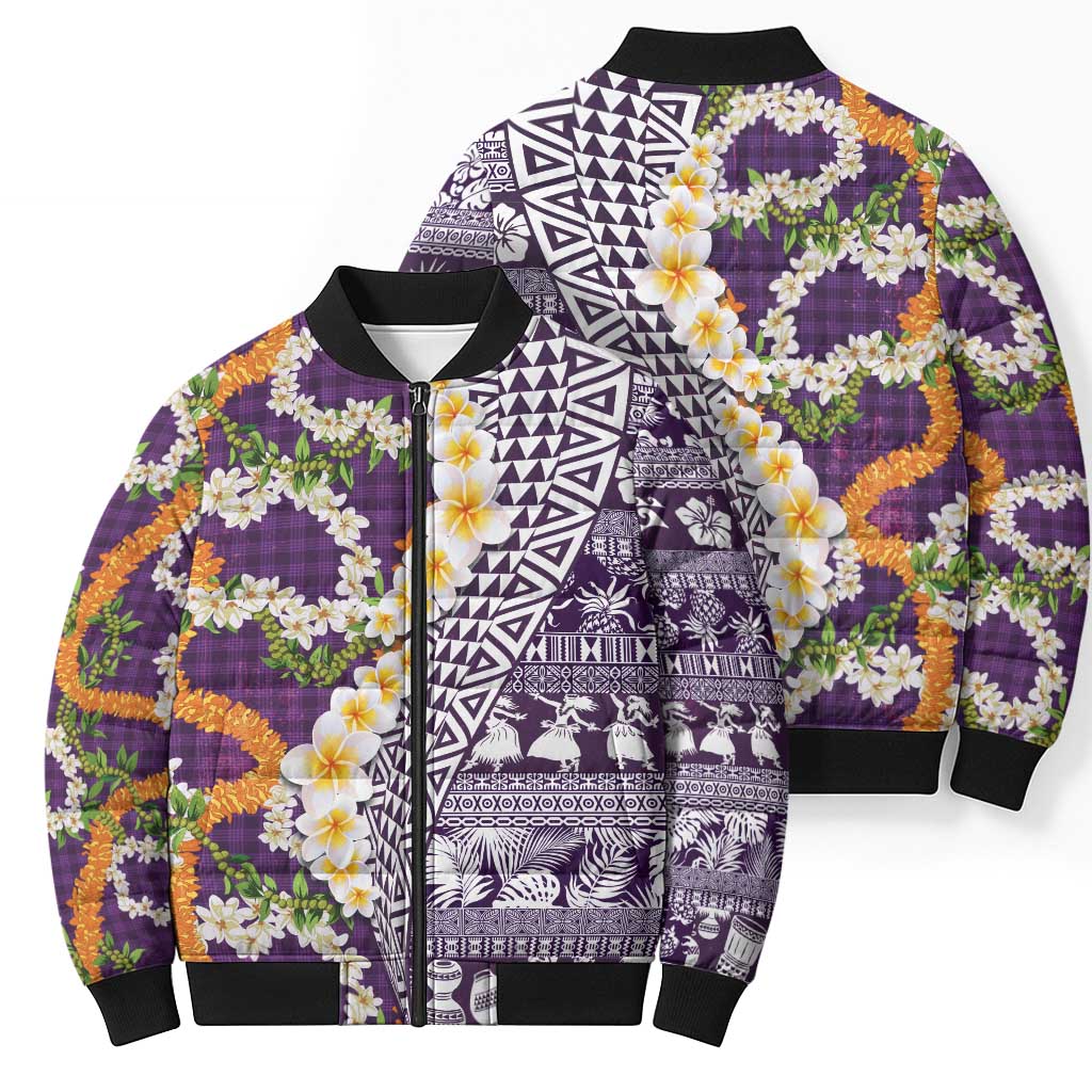Hawaiian Plumeria Lei Bomber Puffer Jacket Kakau Motifs and Palaka Half Style Purple Color LT03 - Polynesian Pride