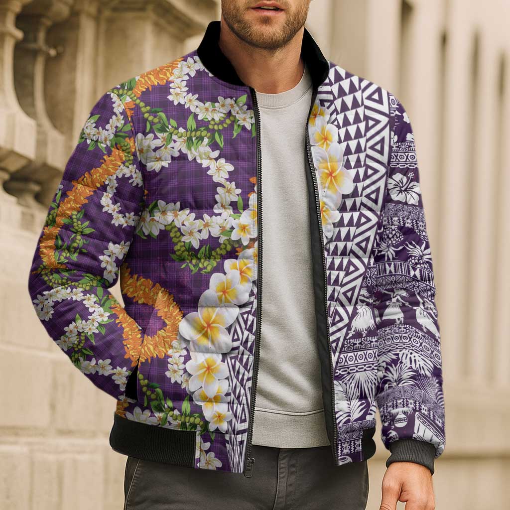 Hawaiian Plumeria Lei Bomber Puffer Jacket Kakau Motifs and Palaka Half Style Purple Color LT03 - Polynesian Pride