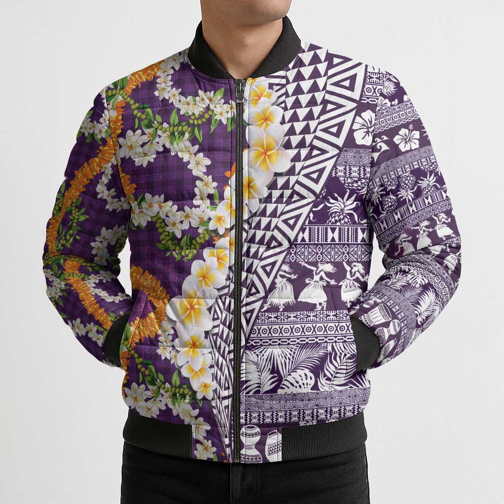 Hawaiian Plumeria Lei Bomber Puffer Jacket Kakau Motifs and Palaka Half Style Purple Color LT03 - Polynesian Pride
