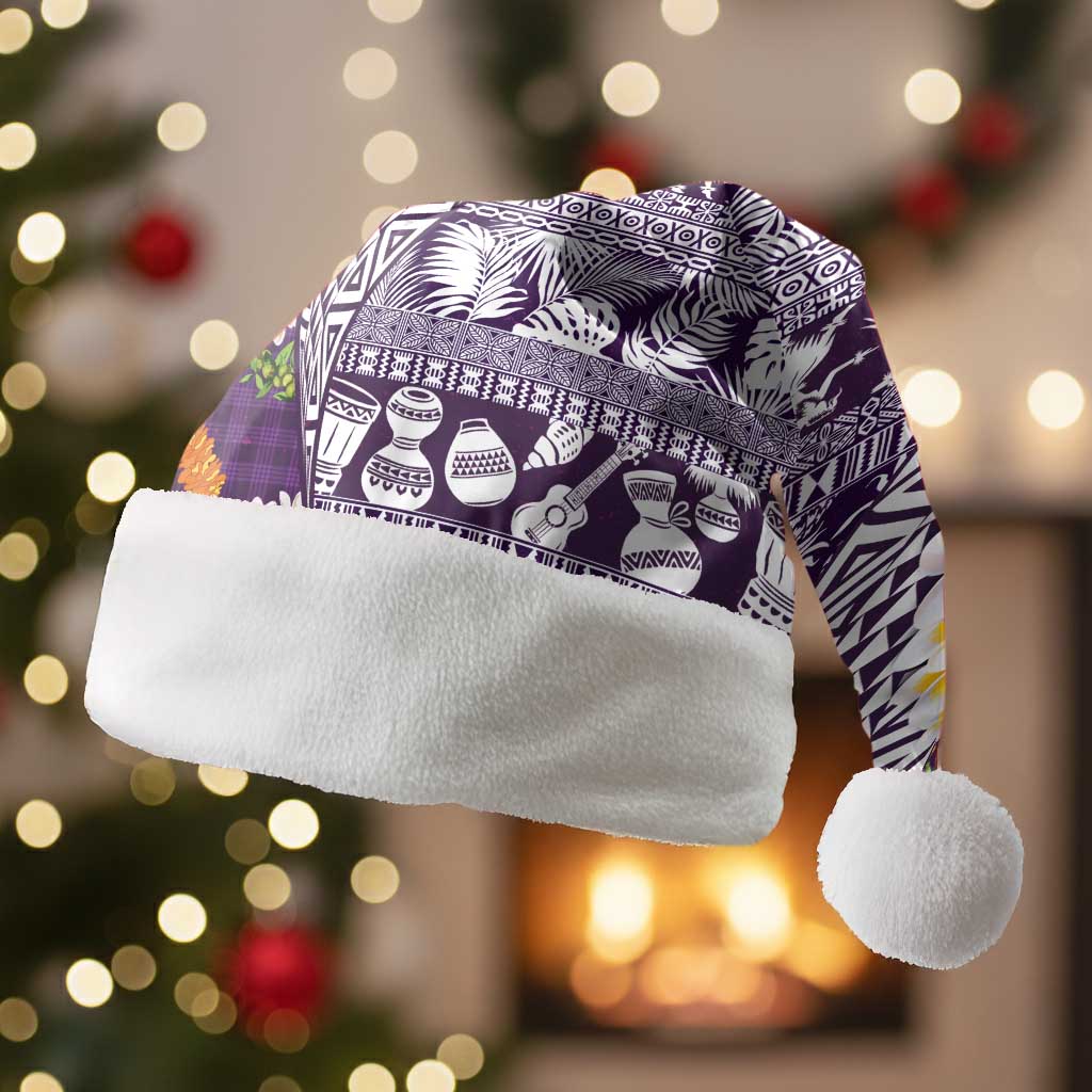 Hawaiian Plumeria Lei Christmas Santa Hat Kakau Motifs and Palaka Half Style Purple Color LT03 Without Fur Purple - Polynesian Pride