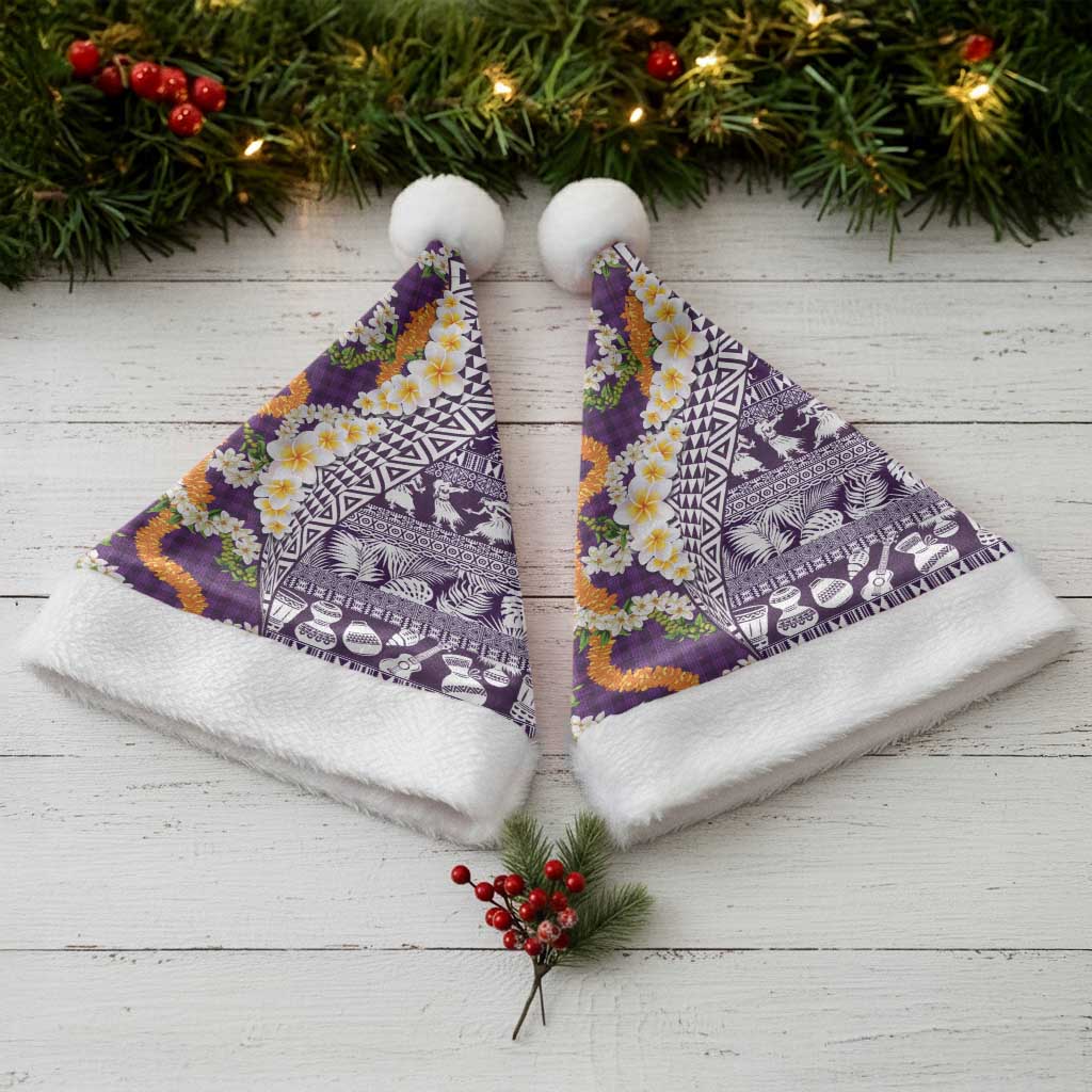 Hawaiian Plumeria Lei Christmas Santa Hat Kakau Motifs and Palaka Half Style Purple Color LT03 - Polynesian Pride