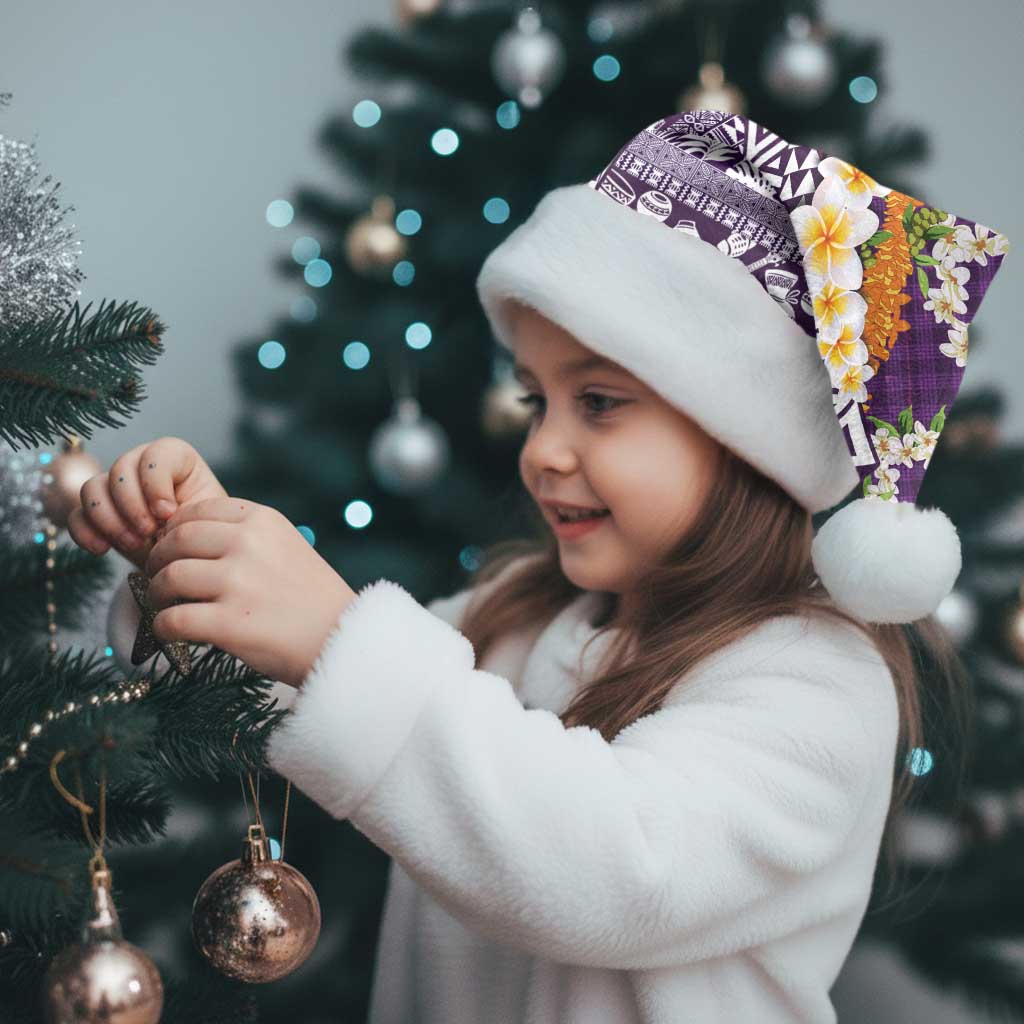Hawaiian Plumeria Lei Christmas Santa Hat Kakau Motifs and Palaka Half Style Purple Color LT03 - Polynesian Pride