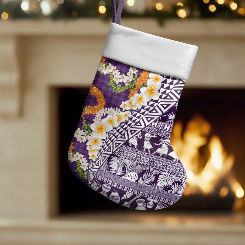 Hawaiian Plumeria Lei Christmas Stocking Kakau Motifs and Palaka Half Style Purple Color LT03 Set of 2 Purple - Polynesian Pride