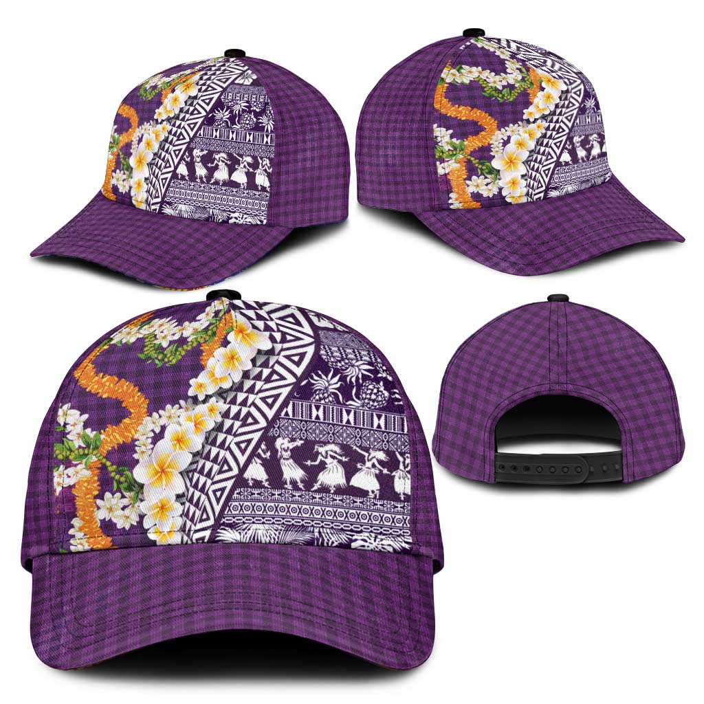 Hawaiian Plumeria Lei Classic Cap Kakau Motifs and Palaka Half Style Purple Color LT03 - Polynesian Pride
