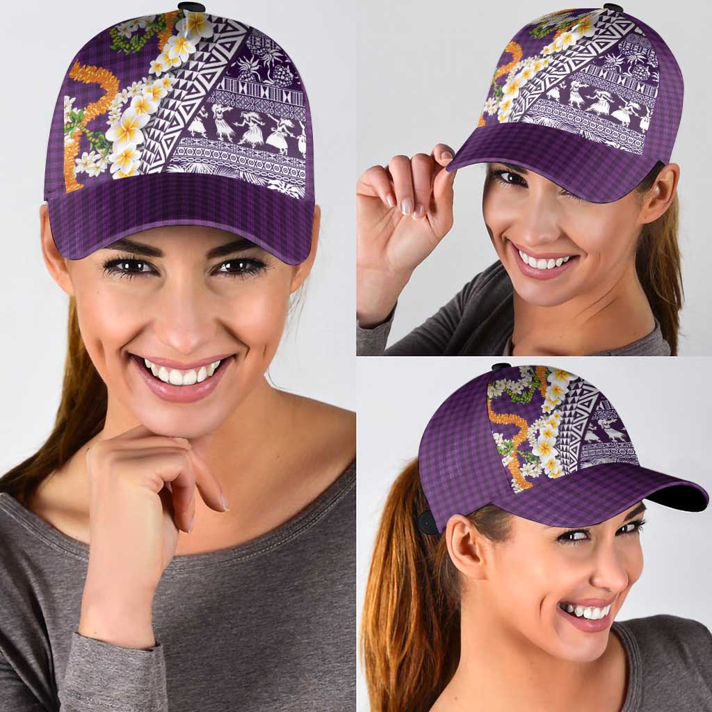 Hawaiian Plumeria Lei Classic Cap Kakau Motifs and Palaka Half Style Purple Color LT03 - Polynesian Pride