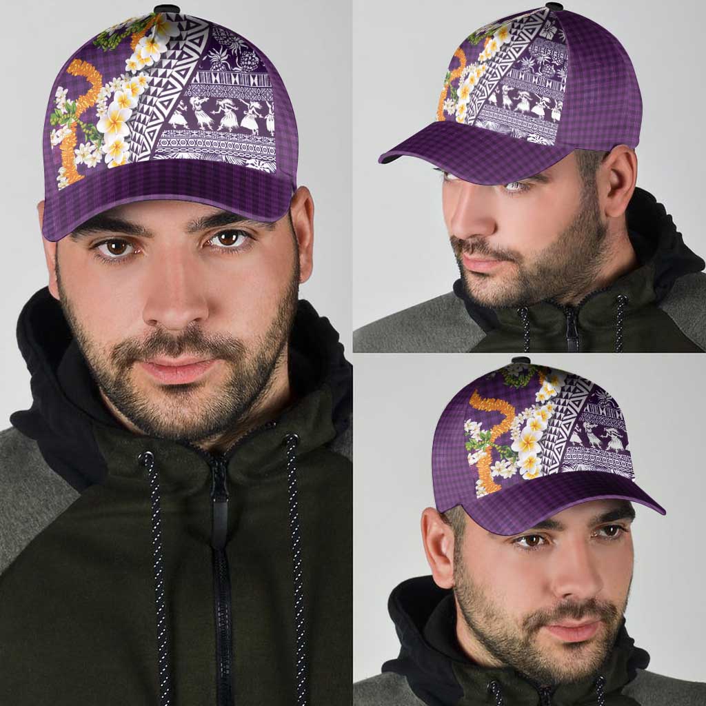 Hawaiian Plumeria Lei Classic Cap Kakau Motifs and Palaka Half Style Purple Color LT03 - Polynesian Pride