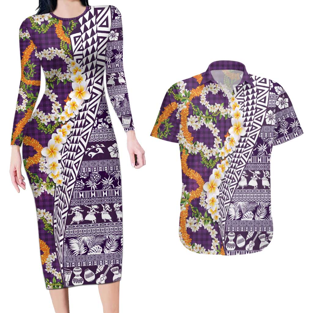 Hawaiian Plumeria Lei Couples Matching Long Sleeve Bodycon Dress and Hawaiian Shirt Kakau Motifs and Palaka Half Style Purple Color - Polynesian Pride