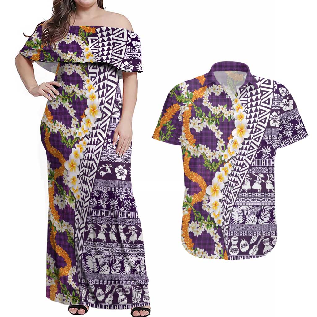 Hawaiian Plumeria Lei Couples Matching Off Shoulder Maxi Dress and Hawaiian Shirt Kakau Motifs and Palaka Half Style Purple Color LT03 Purple - Polynesian Pride