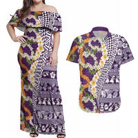 Hawaiian Plumeria Lei Couples Matching Off Shoulder Maxi Dress and Hawaiian Shirt Kakau Motifs and Palaka Half Style Purple Color LT03 Purple - Polynesian Pride