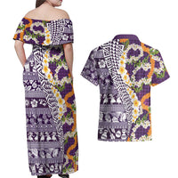Hawaiian Plumeria Lei Couples Matching Off Shoulder Maxi Dress and Hawaiian Shirt Kakau Motifs and Palaka Half Style Purple Color LT03 - Polynesian Pride