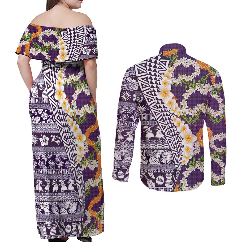 Hawaiian Plumeria Lei Couples Matching Off Shoulder Maxi Dress and Long Sleeve Button Shirt Kakau Motifs and Palaka Half Style Purple Color LT03 - Polynesian Pride