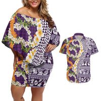 Hawaiian Plumeria Lei Couples Matching Off Shoulder Short Dress and Hawaiian Shirt Kakau Motifs and Palaka Half Style Purple Color LT03 Purple - Polynesian Pride