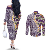 Hawaiian Plumeria Lei Couples Matching Off The Shoulder Long Sleeve Dress and Long Sleeve Button Shirt Kakau Motifs and Palaka Half Style Purple Color LT03 - Polynesian Pride