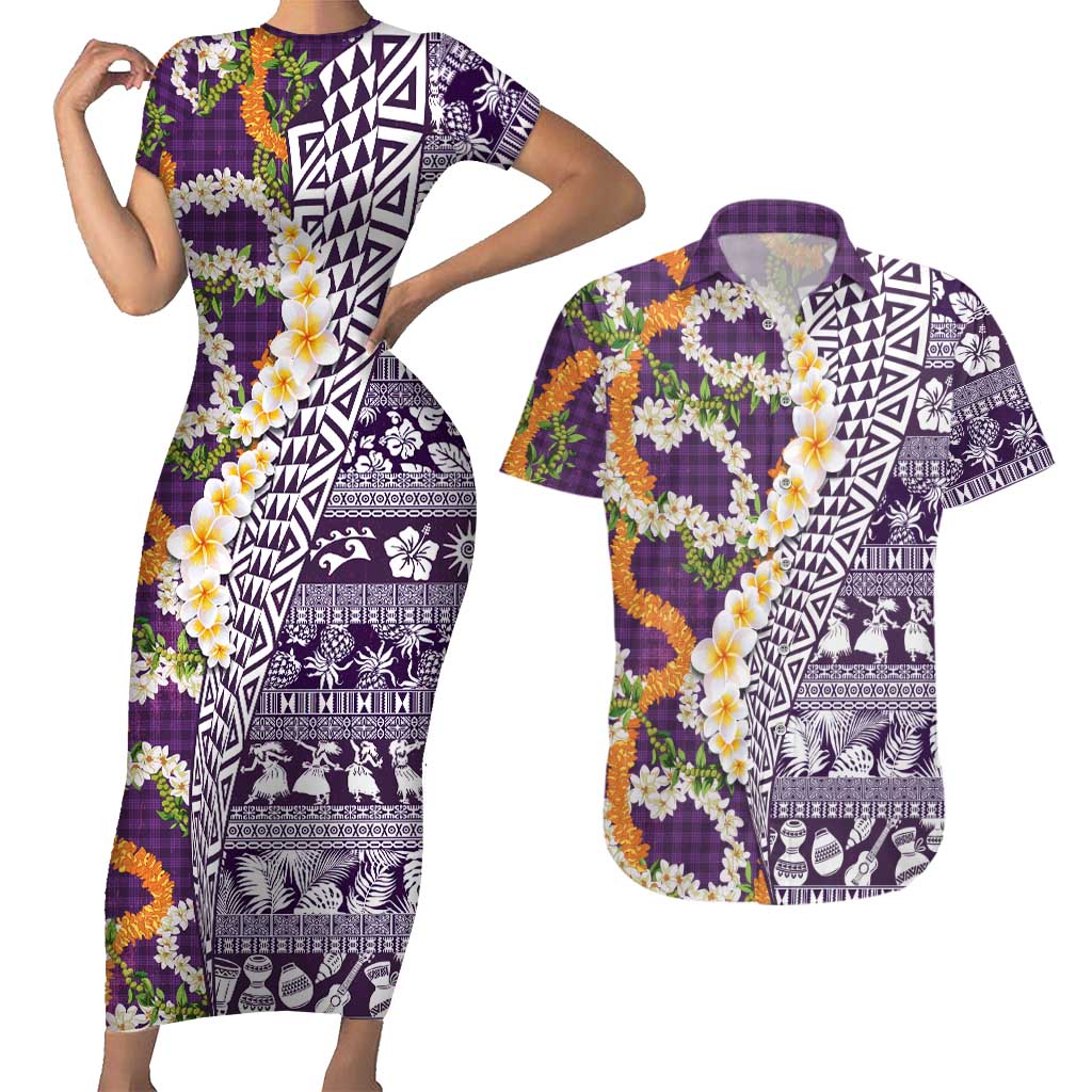 Hawaiian Plumeria Lei Couples Matching Short Sleeve Bodycon Dress and Hawaiian Shirt Kakau Motifs and Palaka Half Style Purple Color LT03 Purple - Polynesian Pride