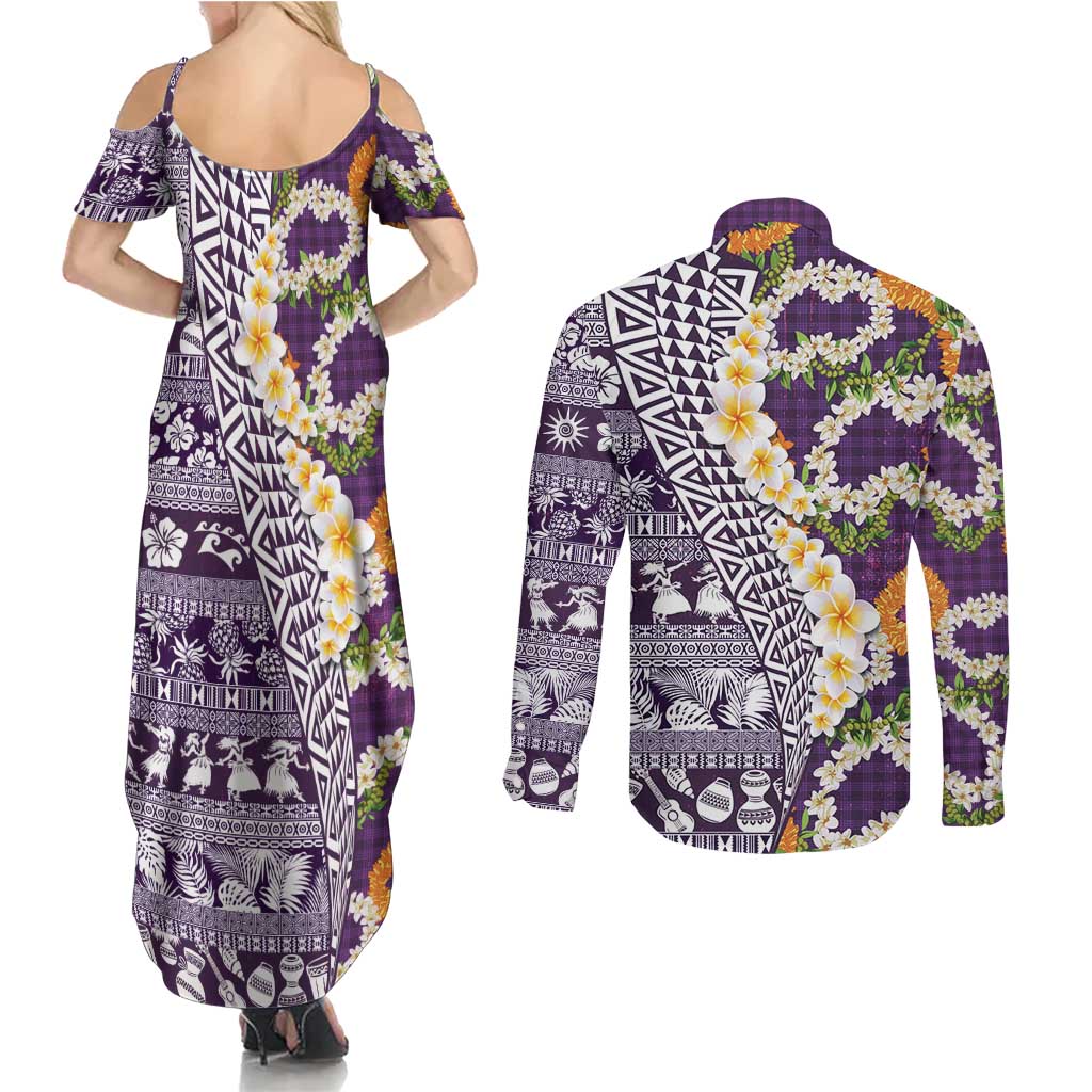 Hawaiian Plumeria Lei Couples Matching Summer Maxi Dress and Long Sleeve Button Shirt Kakau Motifs and Palaka Half Style Purple Color LT03 - Polynesian Pride