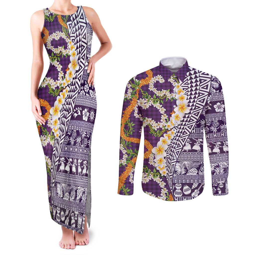 Hawaiian Plumeria Lei Couples Matching Tank Maxi Dress and Long Sleeve Button Shirt Kakau Motifs and Palaka Half Style Purple Color - Polynesian Pride
