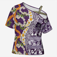 Hawaiian Plumeria Lei Cross Shoulder Shirt Kakau Motifs and Palaka Half Style Purple Color LT03 Female Purple - Polynesian Pride