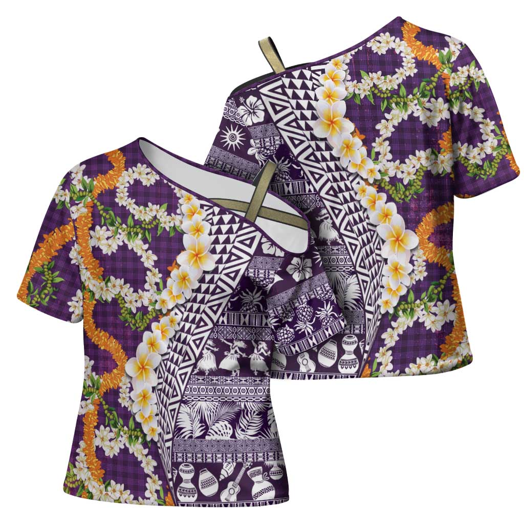Hawaiian Plumeria Lei Cross Shoulder Shirt Kakau Motifs and Palaka Half Style Purple Color LT03 - Polynesian Pride