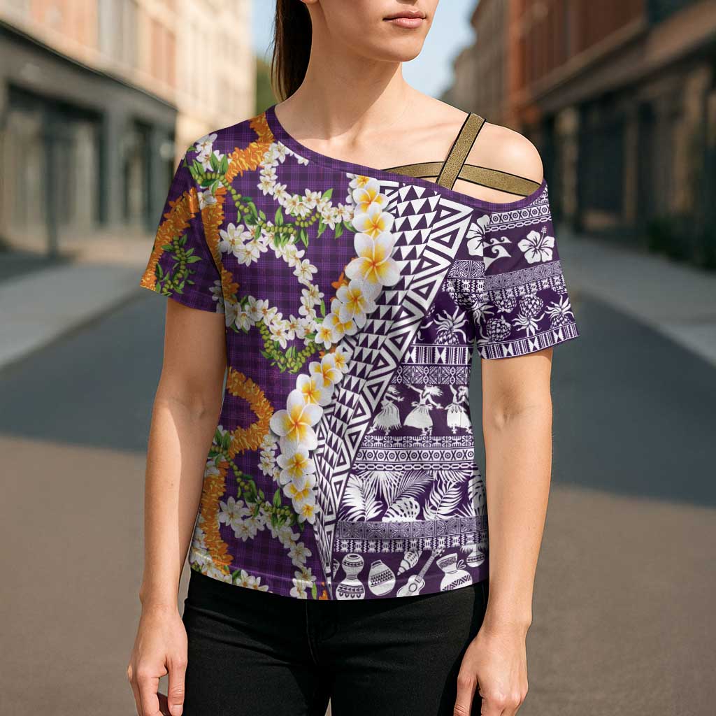 Hawaiian Plumeria Lei Cross Shoulder Shirt Kakau Motifs and Palaka Half Style Purple Color LT03 - Polynesian Pride