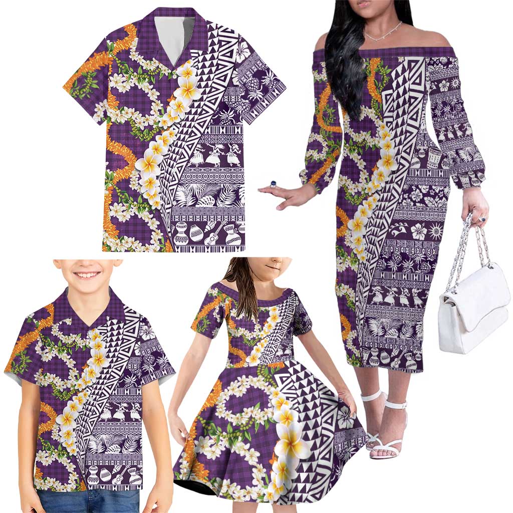 Hawaiian Plumeria Lei Family Matching Off The Shoulder Long Sleeve Dress and Hawaiian Shirt Kakau Motifs and Palaka Half Style Purple Color LT03 - Polynesian Pride