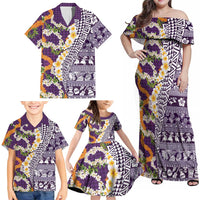 Hawaiian Plumeria Lei Family Matching Off Shoulder Maxi Dress and Hawaiian Shirt Kakau Motifs and Palaka Half Style Purple Color LT03 - Polynesian Pride