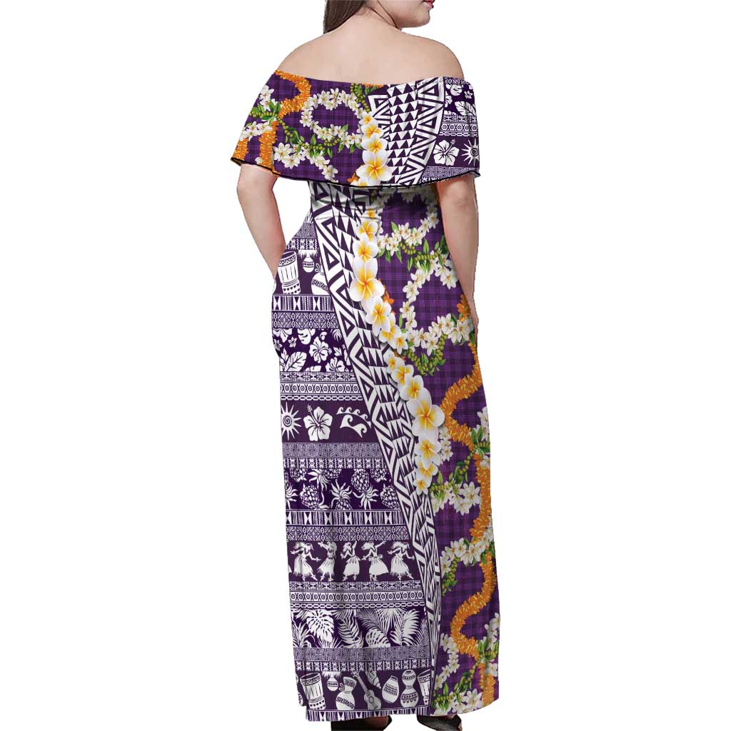 Hawaiian Plumeria Lei Family Matching Off Shoulder Maxi Dress and Hawaiian Shirt Kakau Motifs and Palaka Half Style Purple Color LT03 - Polynesian Pride