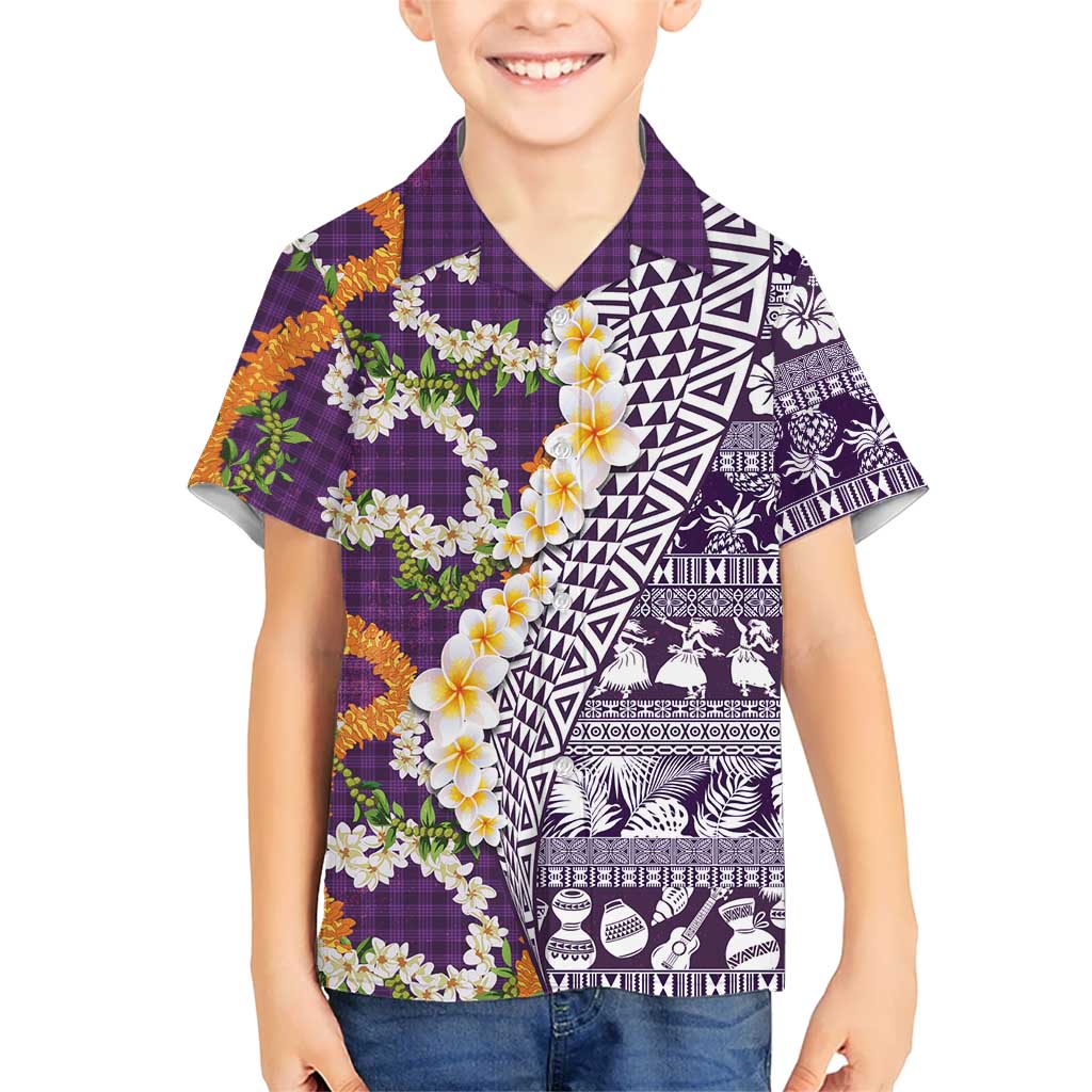 Hawaiian Plumeria Lei Family Matching Off Shoulder Maxi Dress and Hawaiian Shirt Kakau Motifs and Palaka Half Style Purple Color LT03 Son's Shirt Purple - Polynesian Pride