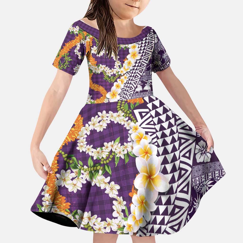 Hawaiian Plumeria Lei Family Matching Off Shoulder Short Dress and Hawaiian Shirt Kakau Motifs and Palaka Half Style Purple Color LT03 Daughter's Dress Purple - Polynesian Pride