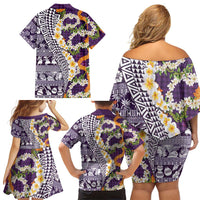 Hawaiian Plumeria Lei Family Matching Off Shoulder Short Dress and Hawaiian Shirt Kakau Motifs and Palaka Half Style Purple Color LT03 - Polynesian Pride