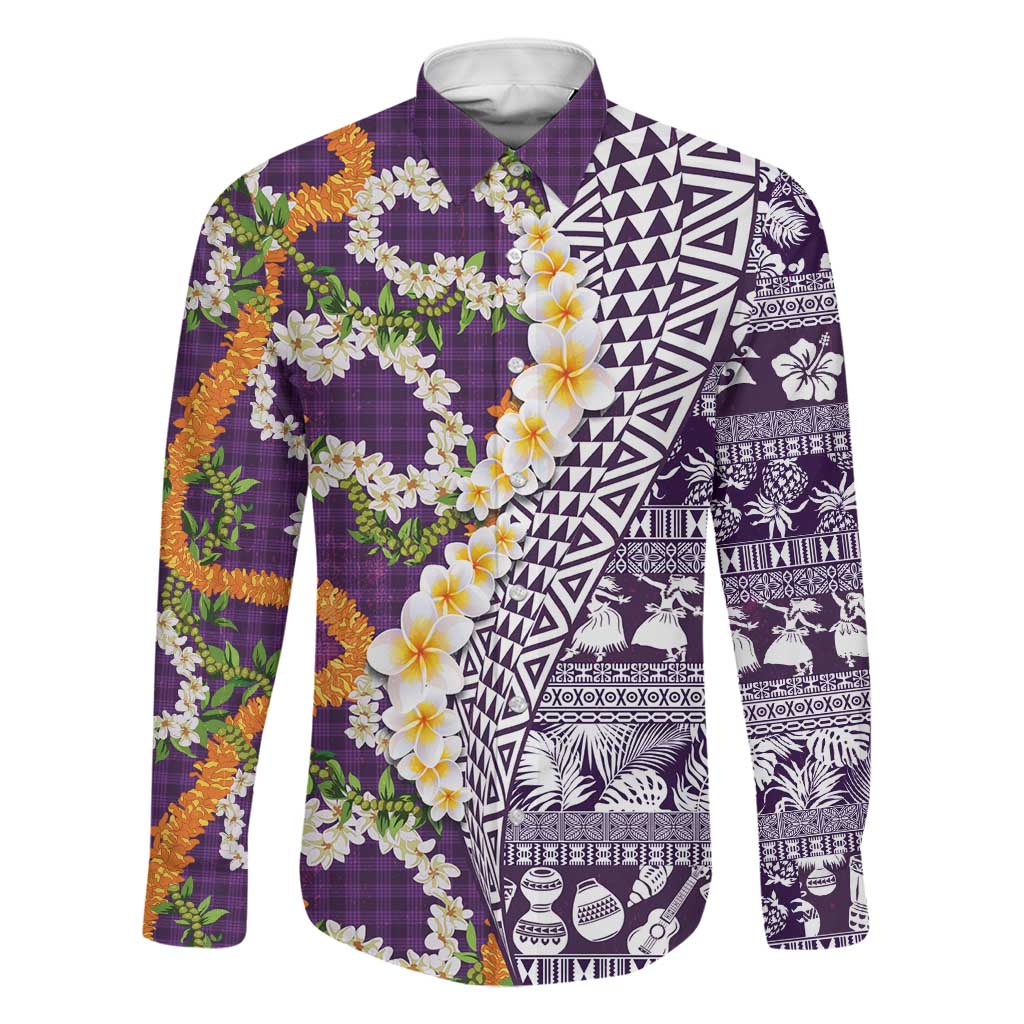 Hawaiian Plumeria Lei Family Matching Off Shoulder Short Dress and Hawaiian Shirt Kakau Motifs and Palaka Half Style Purple Color LT03 Dad's Shirt - Long Sleeve Purple - Polynesian Pride