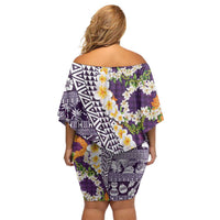 Hawaiian Plumeria Lei Family Matching Off Shoulder Short Dress and Hawaiian Shirt Kakau Motifs and Palaka Half Style Purple Color LT03 - Polynesian Pride