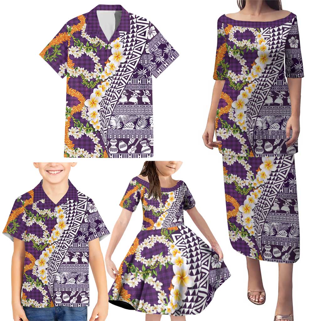 Hawaiian Plumeria Lei Family Matching Puletasi and Hawaiian Shirt Kakau Motifs and Palaka Half Style Purple Color LT03 - Polynesian Pride