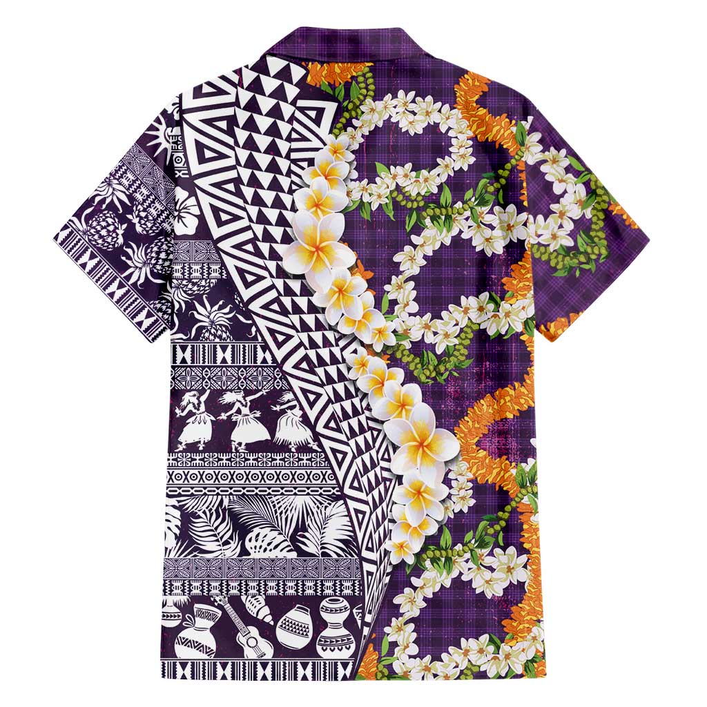 Hawaiian Plumeria Lei Family Matching Puletasi and Hawaiian Shirt Kakau Motifs and Palaka Half Style Purple Color LT03 - Polynesian Pride