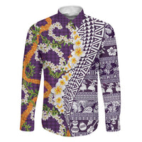 Hawaiian Plumeria Lei Family Matching Puletasi and Hawaiian Shirt Kakau Motifs and Palaka Half Style Purple Color LT03 Dad's Shirt - Long Sleeve Purple - Polynesian Pride