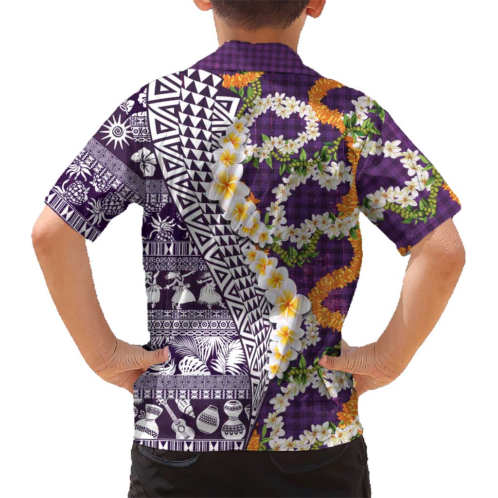 Hawaiian Plumeria Lei Family Matching Short Sleeve Bodycon Dress and Hawaiian Shirt Kakau Motifs and Palaka Half Style Purple Color LT03 - Polynesian Pride