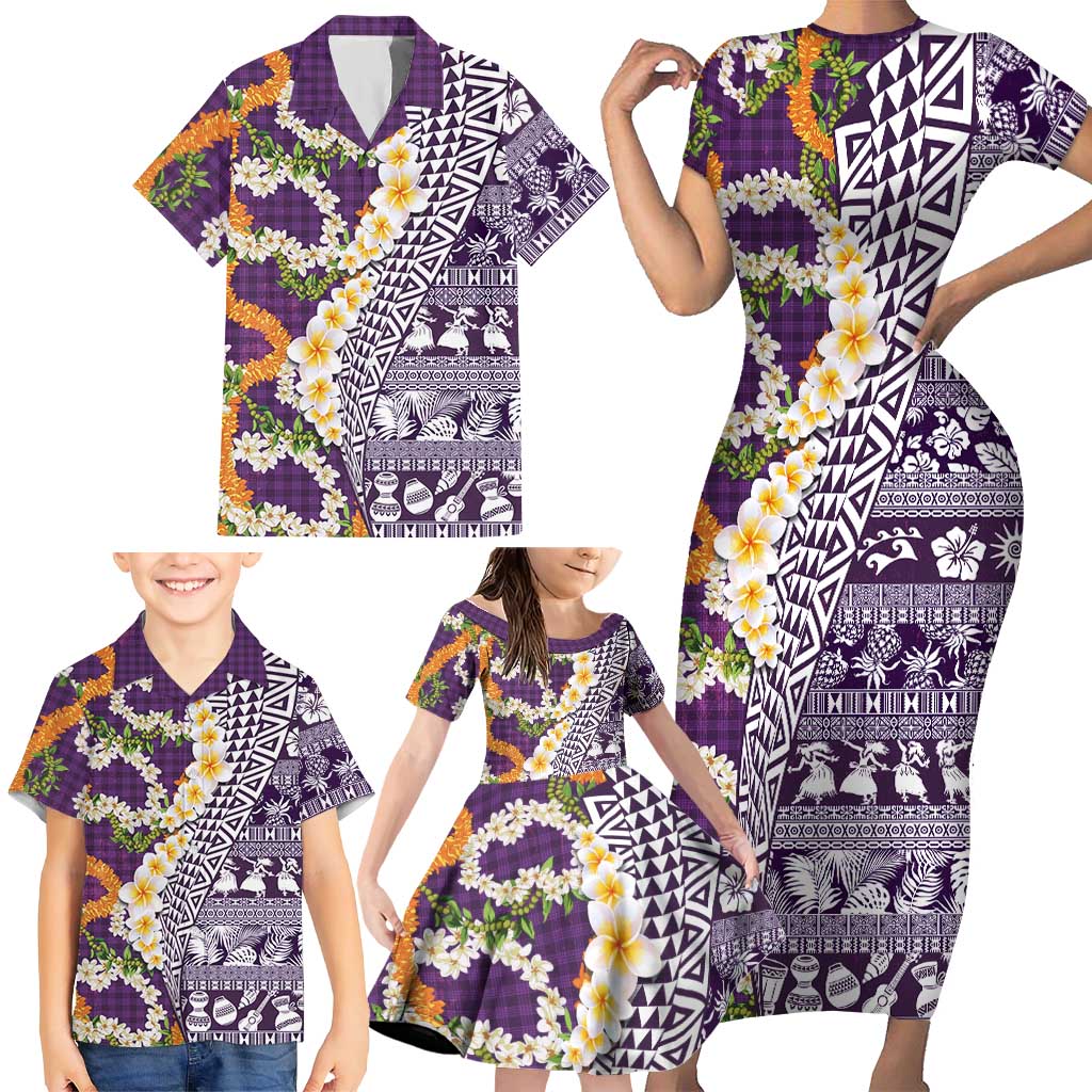 Hawaiian Plumeria Lei Family Matching Short Sleeve Bodycon Dress and Hawaiian Shirt Kakau Motifs and Palaka Half Style Purple Color LT03 - Polynesian Pride