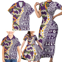 Hawaiian Plumeria Lei Family Matching Short Sleeve Bodycon Dress and Hawaiian Shirt Kakau Motifs and Palaka Half Style Purple Color LT03 - Polynesian Pride