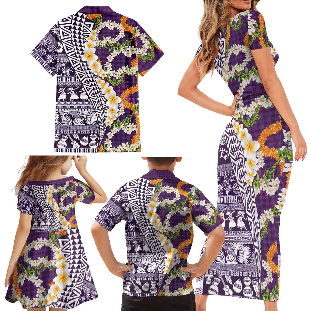 Hawaiian Plumeria Lei Family Matching Short Sleeve Bodycon Dress and Hawaiian Shirt Kakau Motifs and Palaka Half Style Purple Color LT03 - Polynesian Pride