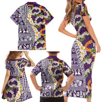 Hawaiian Plumeria Lei Family Matching Short Sleeve Bodycon Dress and Hawaiian Shirt Kakau Motifs and Palaka Half Style Purple Color LT03 - Polynesian Pride