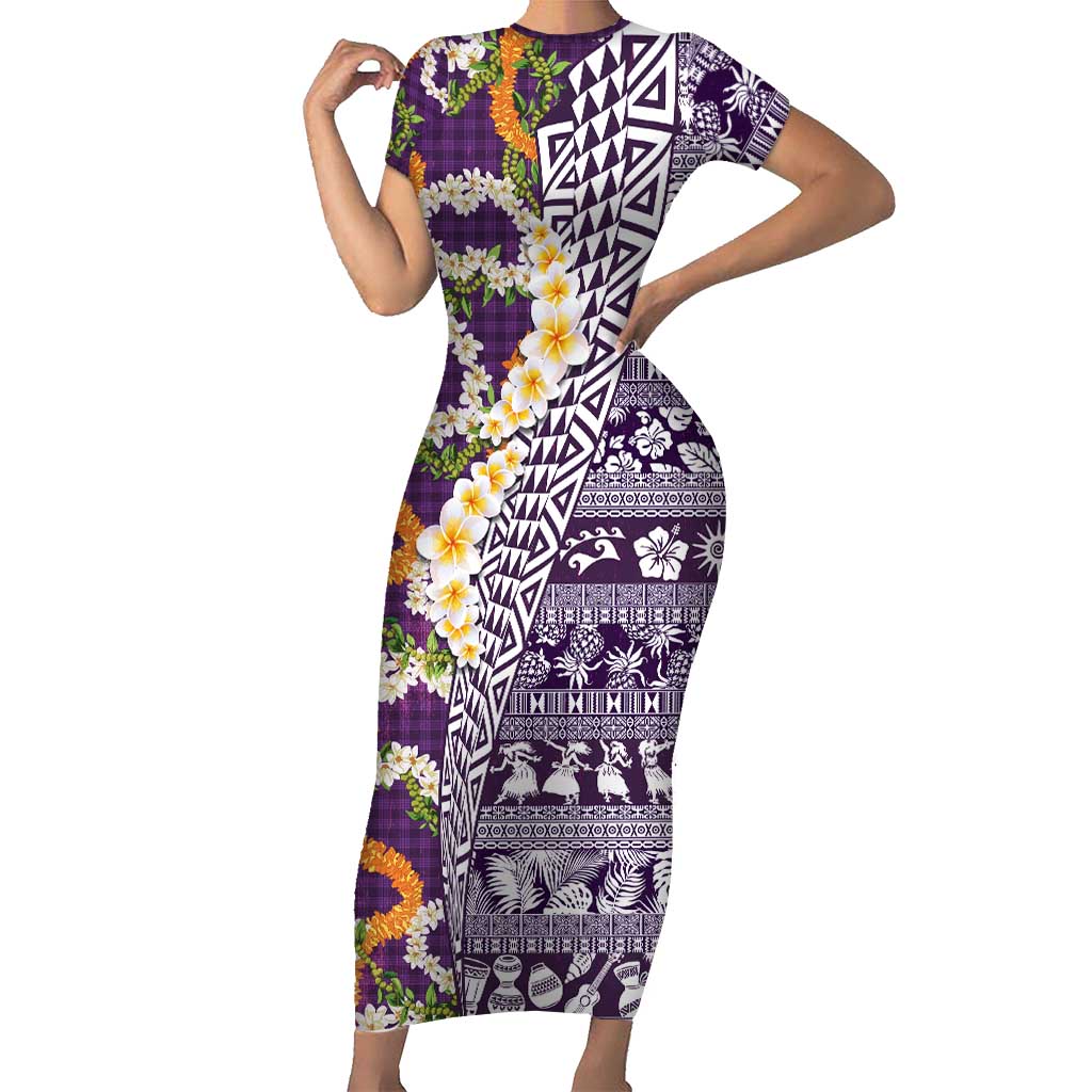 Hawaiian Plumeria Lei Family Matching Short Sleeve Bodycon Dress and Hawaiian Shirt Kakau Motifs and Palaka Half Style Purple Color LT03 Mom's Dress Purple - Polynesian Pride