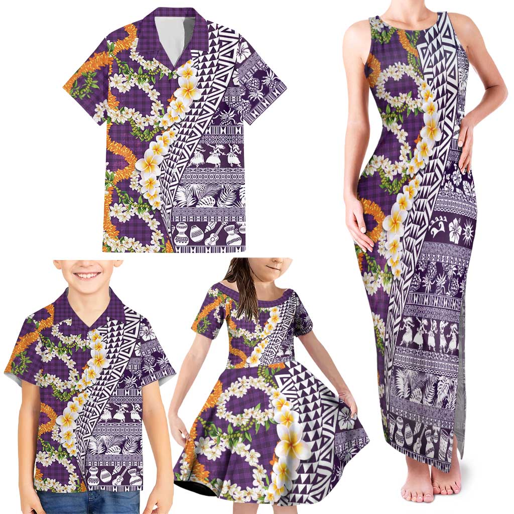 Hawaiian Plumeria Lei Family Matching Tank Maxi Dress and Hawaiian Shirt Kakau Motifs and Palaka Half Style Purple Color - Polynesian Pride