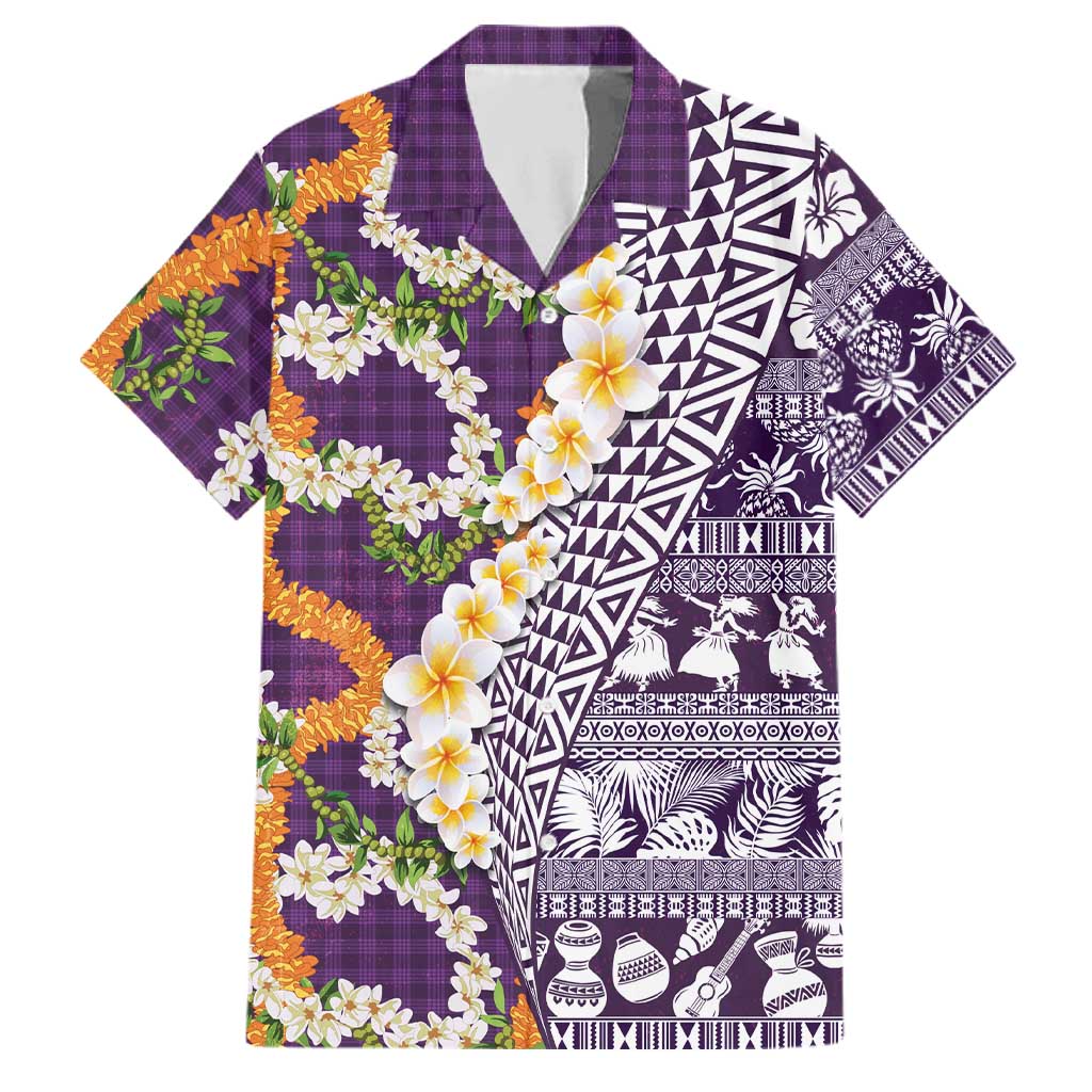 Hawaiian Plumeria Lei Family Matching Tank Maxi Dress and Hawaiian Shirt Kakau Motifs and Palaka Half Style Purple Color LT03 Dad's Shirt - Short Sleeve Purple - Polynesian Pride