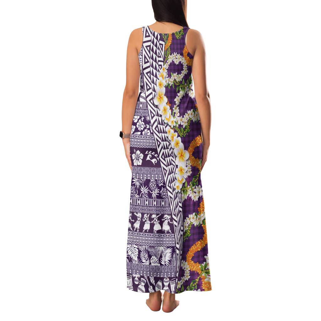 Hawaiian Plumeria Lei Family Matching Tank Maxi Dress and Hawaiian Shirt Kakau Motifs and Palaka Half Style Purple Color LT03 - Polynesian Pride