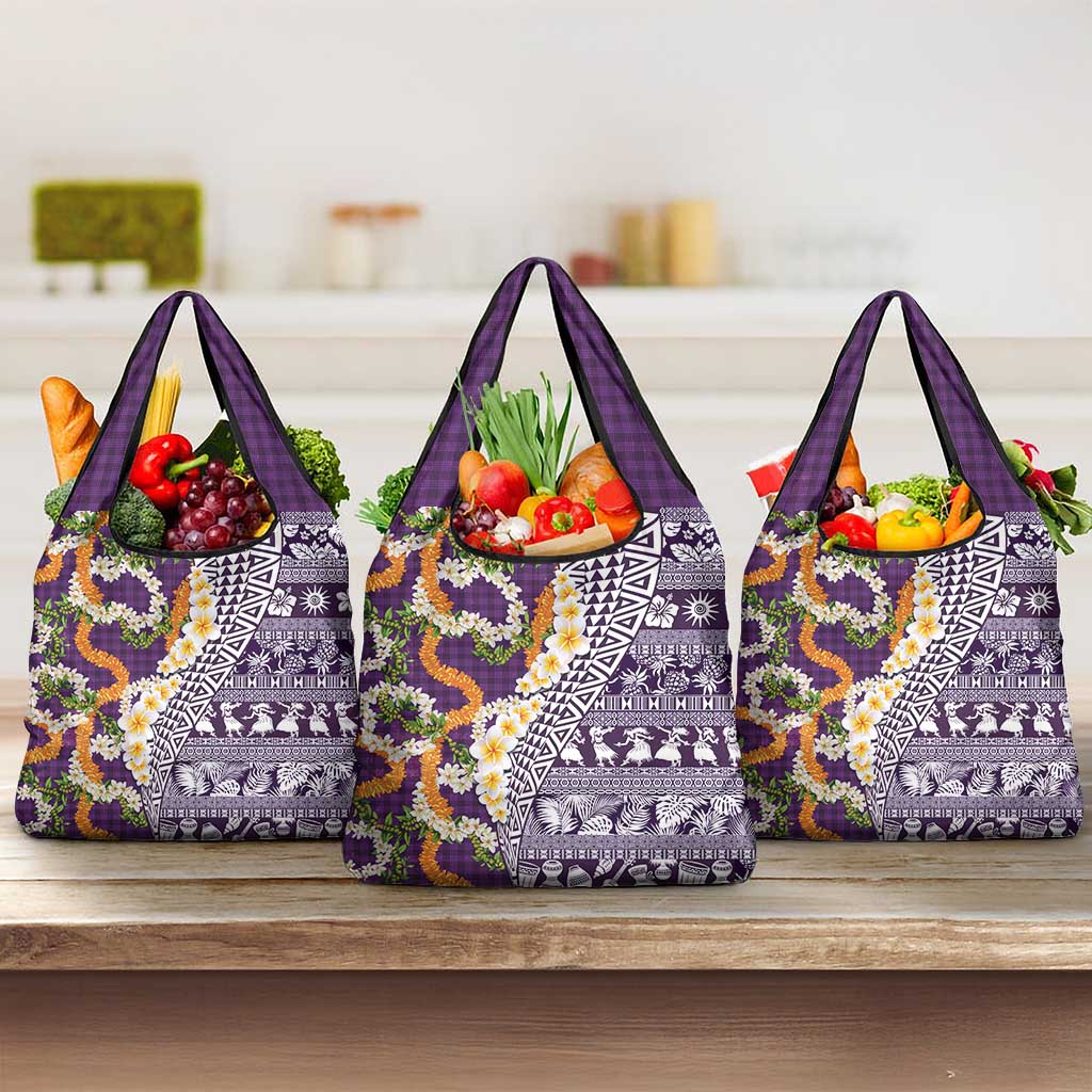 Hawaiian Plumeria Lei Grocery Bag Kakau Motifs and Palaka Half Style Purple Color LT03 3-pack One Size Purple - Polynesian Pride