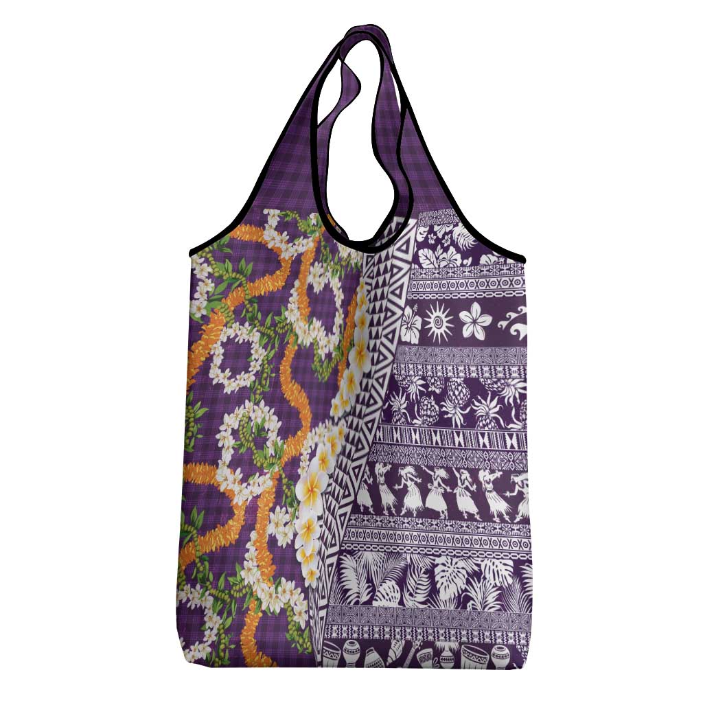 Hawaiian Plumeria Lei Grocery Bag Kakau Motifs and Palaka Half Style Purple Color LT03 - Polynesian Pride