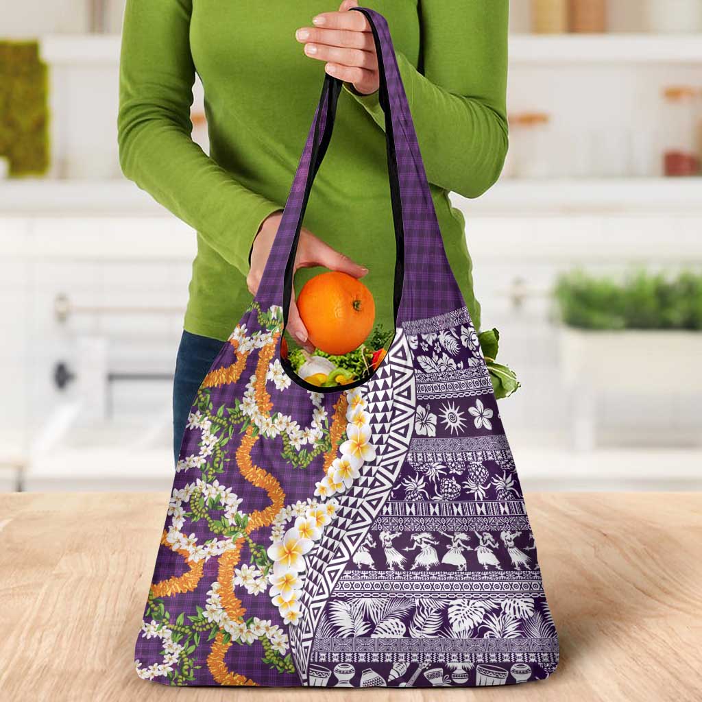 Hawaiian Plumeria Lei Grocery Bag Kakau Motifs and Palaka Half Style Purple Color LT03 - Polynesian Pride