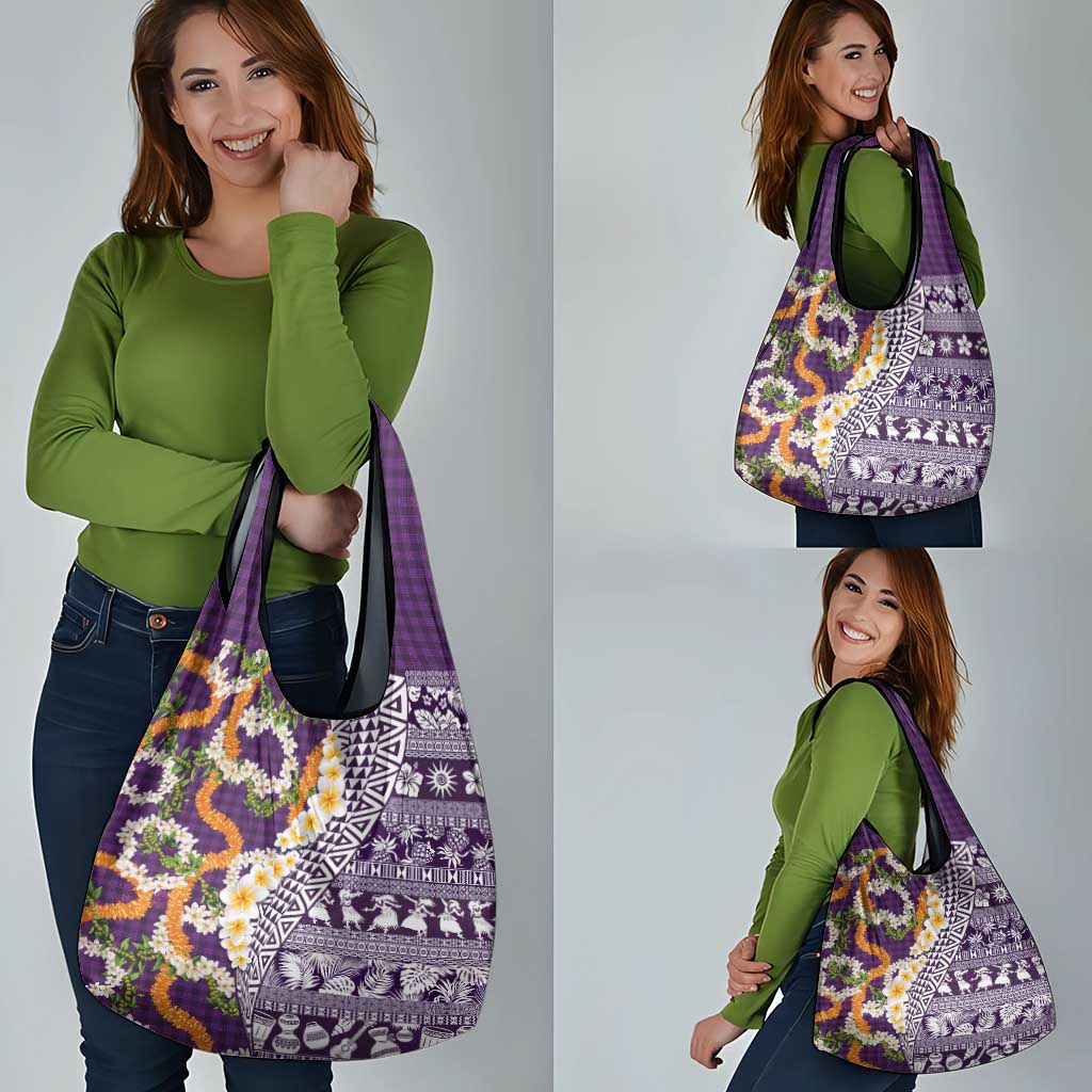 Hawaiian Plumeria Lei Grocery Bag Kakau Motifs and Palaka Half Style Purple Color LT03 - Polynesian Pride