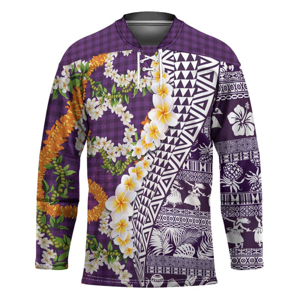 Hawaiian Plumeria Lei Hockey Jersey Kakau Motifs and Palaka Half Style Purple Color LT03 Unisex Purple - Polynesian Pride