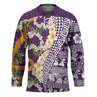 Hawaiian Plumeria Lei Hockey Jersey Kakau Motifs and Palaka Half Style Purple Color LT03 Unisex Purple - Polynesian Pride