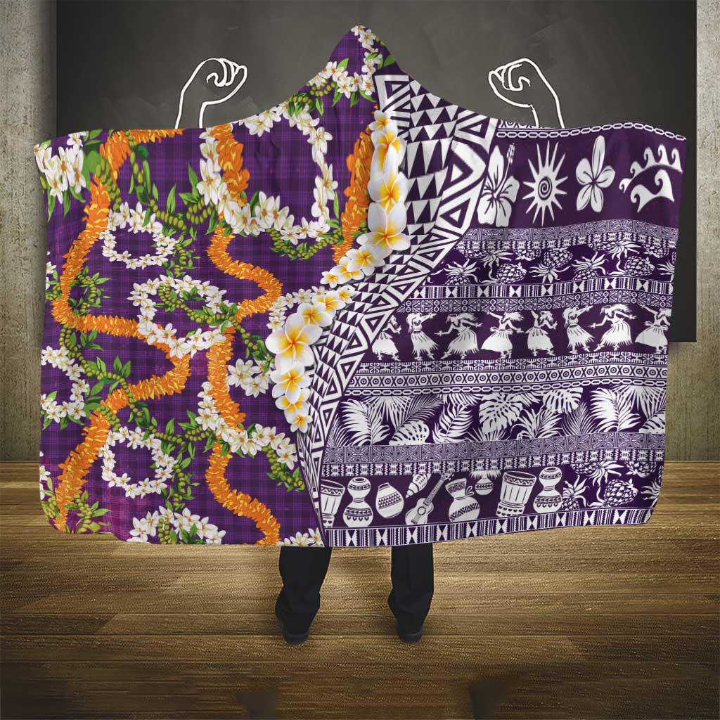 Hawaiian Plumeria Lei Hooded Blanket Kakau Motifs and Palaka Half Style Purple Color LT03 - Polynesian Pride